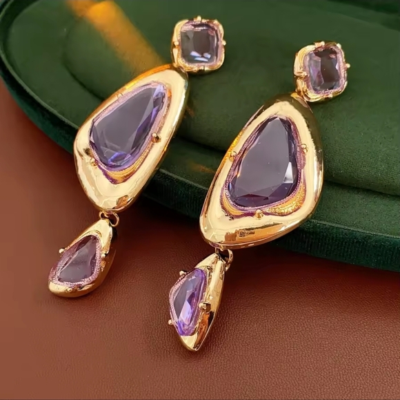 Gold and Purple Drop Earrings - Picture 2 of 6